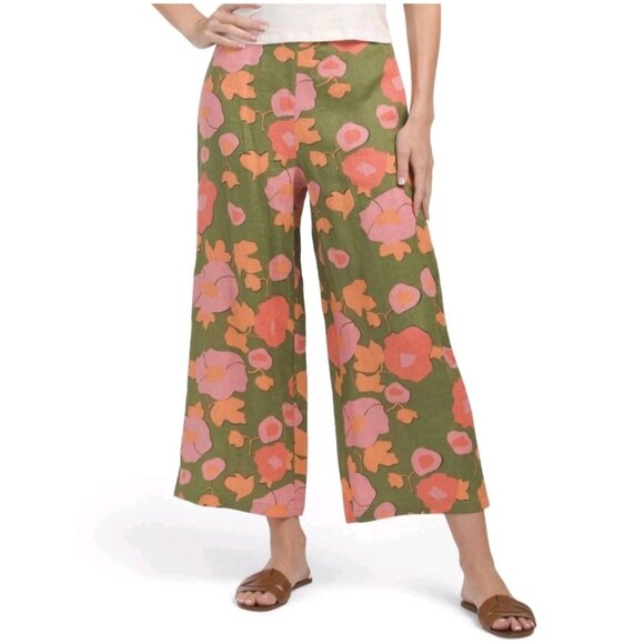 Magaschoni Womens Green Floral Linen Pants Cropped Wide Leg High Rise Size S NWT - Picture 2 of 10